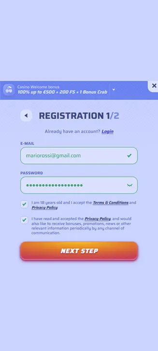 Spinrollz registration process on mobile